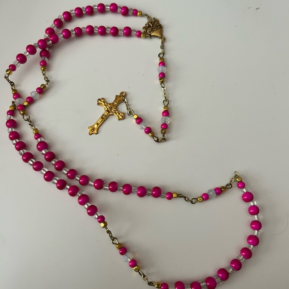 4/$100 Pink ROSARY and Gold Beaded Necklace with Cross Pendant